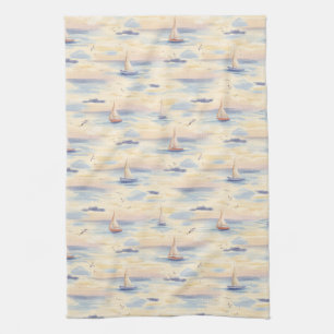 Dreamy Sailboats Ocean Watercolor Pattern (4) Tea Towel