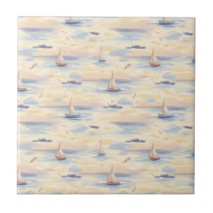 Dreamy Sailboats Ocean Watercolor Pattern (4) Tile