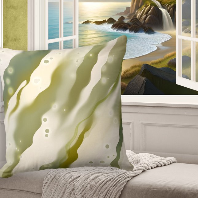 Dreamy Seaweed Abstract Green Art Pattern Pillow (Modern pillow showing a green abstract painting with light sparkles, reminding of seaweed and ocean)