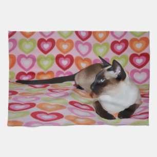 Dreamy Siamese Cat Hearts Tea Towel
