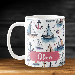 Dreamy Sketches of Sailboats Anchors & Lighthouses Coffee Mug