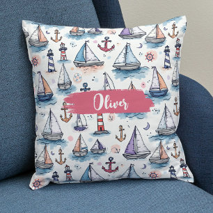 Dreamy Sketches of Sailboats Anchors & Lighthouses Cushion