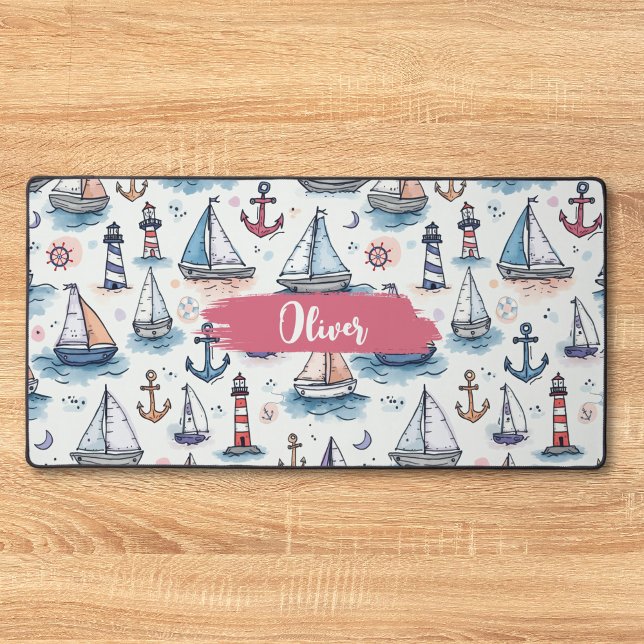 Dreamy Sketches of Sailboats Anchors & Lighthouses Desk Mat (Creator Uploaded)
