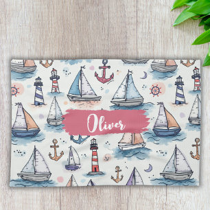 Dreamy Sketches of Sailboats Anchors & Lighthouses Tea Towel