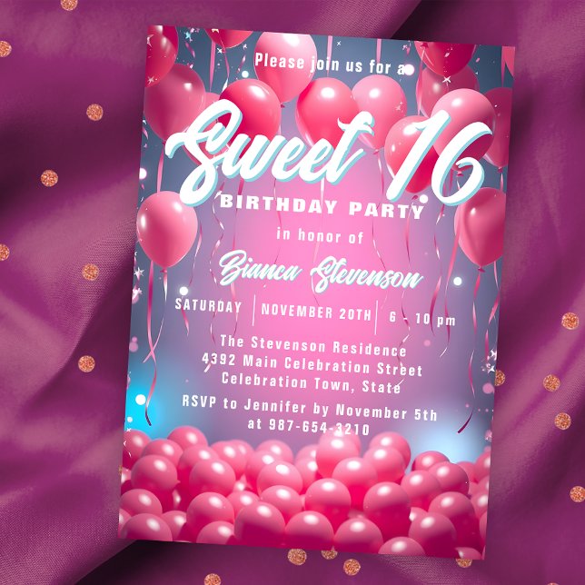 Dreamy Sky Pink Balloons Sweet 16 Birthday Party Invitation (Creator Uploaded)