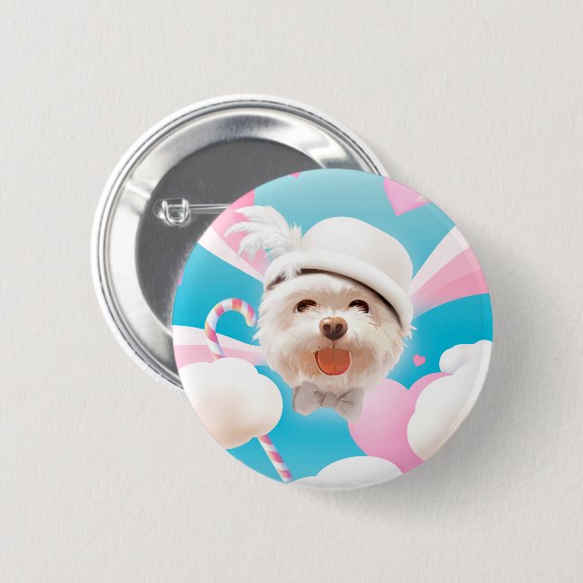 Dreamy Sky Puppy: Smiling Bichon with Hat & Clouds 6 Cm Round Badge (Front & Back)