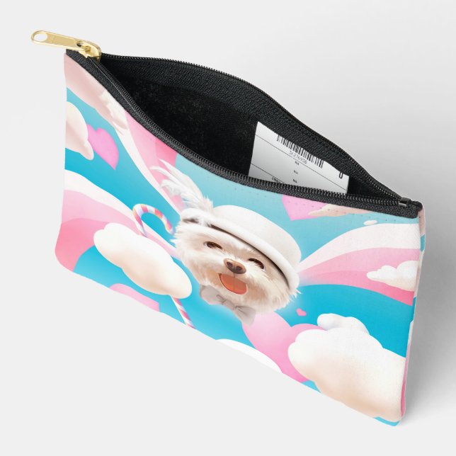 Dreamy Sky Puppy: Smiling Bichon with Hat & Clouds Accessory Pouch (Open)