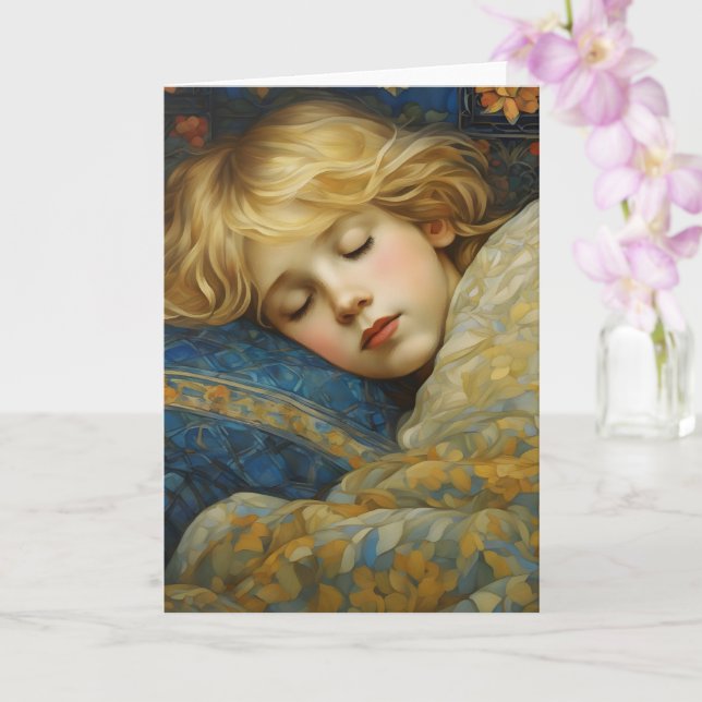 Dreamy Sleeping Child in Floral Quilt Card (Orchid)