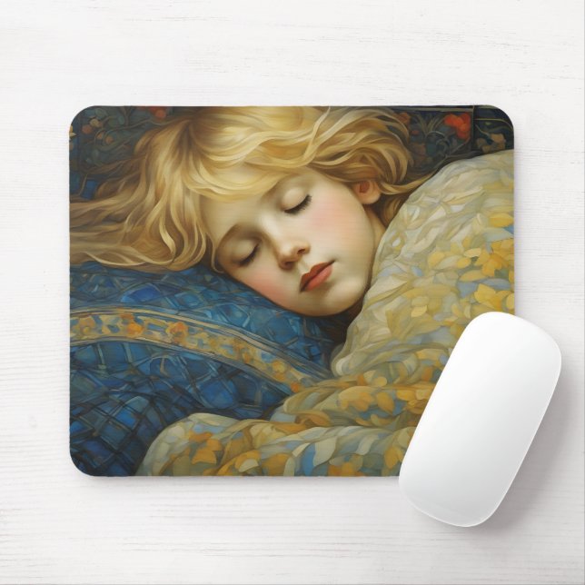 Dreamy Sleeping Child in Floral Quilt Mouse Mat (With Mouse)