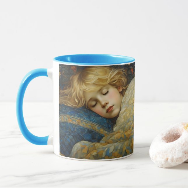 Dreamy Sleeping Child in Floral Quilt Mug (With Donut)