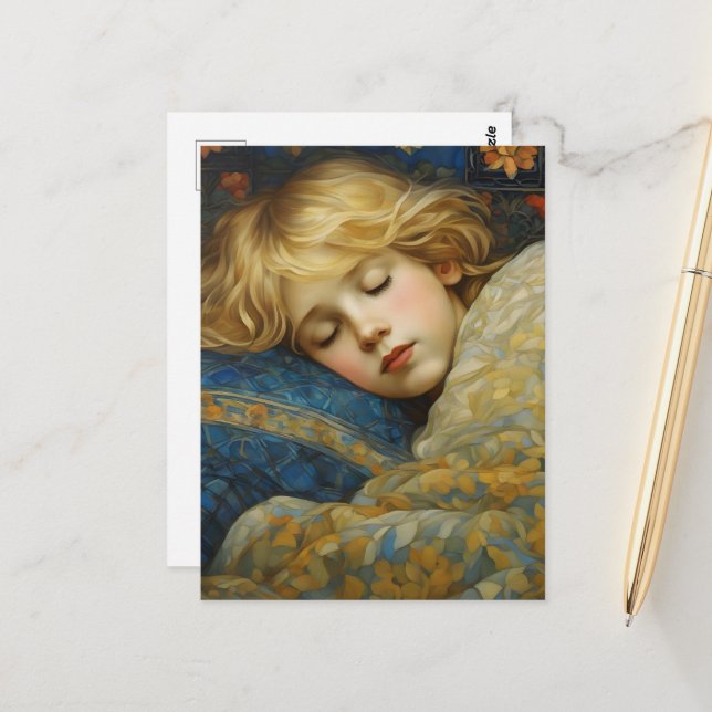 Dreamy Sleeping Child in Floral Quilt Postcard (Front/Back In Situ)