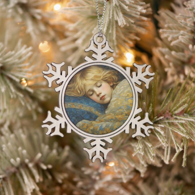 Dreamy Sleeping Child in Floral Quilt Snowflake Pewter Christmas Ornament (Tree)