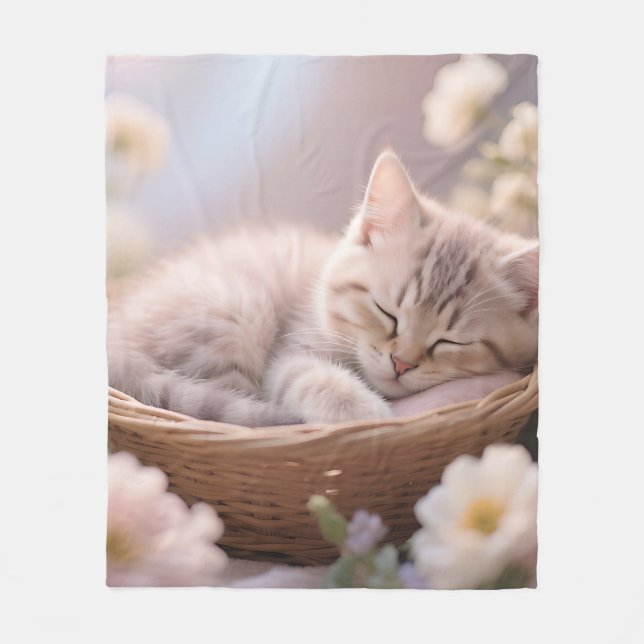 Dreamy Sleeping Kitten Floral Basket Fleece Blanket (Front)