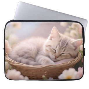 Dreamy Sleeping Kitten Floral Basket Laptop Sleeve