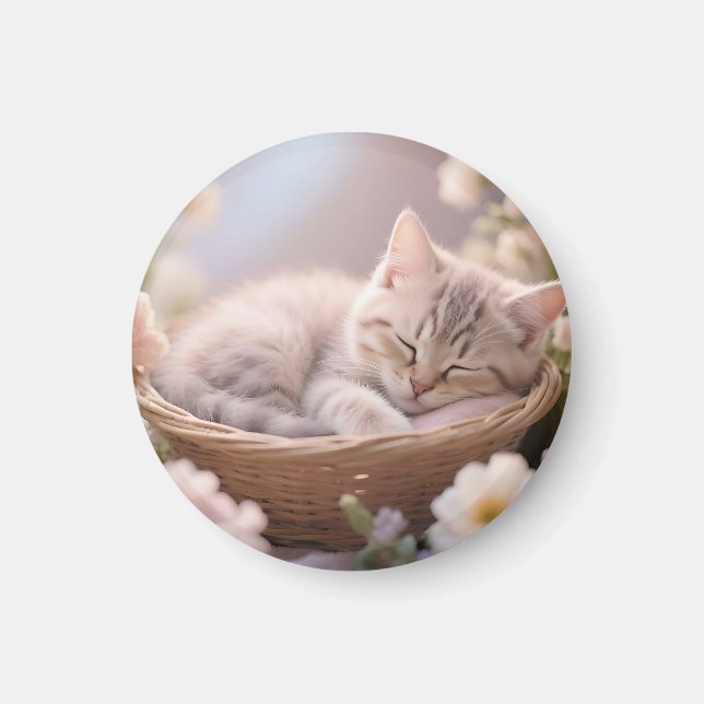 Dreamy Sleeping Kitten Floral Basket Magnet (Front)