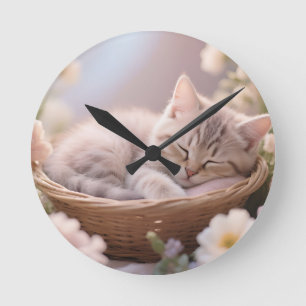 Dreamy Sleeping Kitten Floral Basket Round Clock