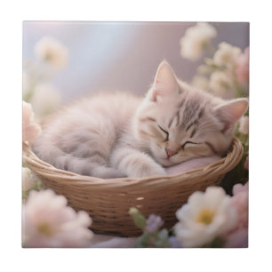 Dreamy Sleeping Kitten Floral Basket Tile
