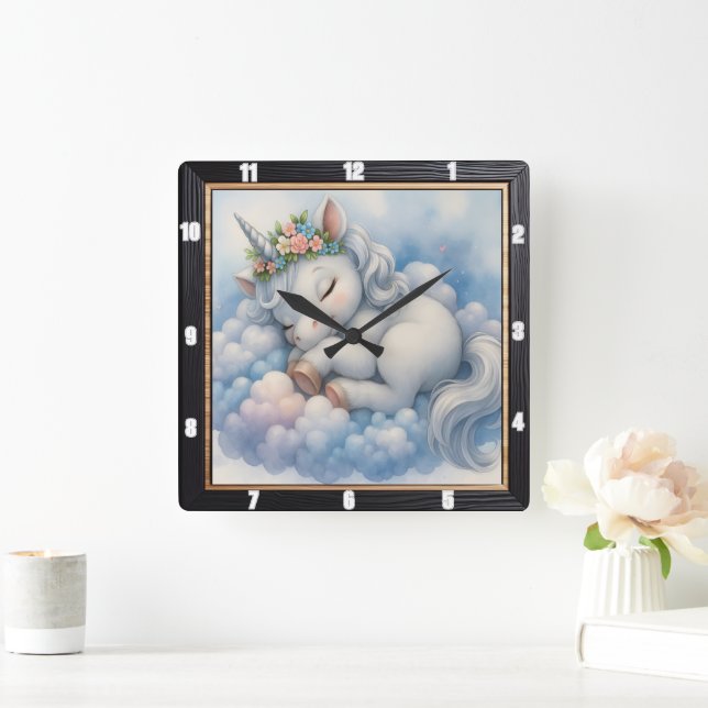 Dreamy Sleeping Unicorn Cloud Square Wall Clock (Home)