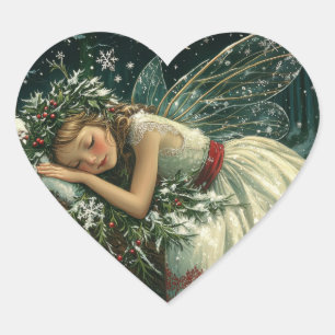 Dreamy Snow Fairy with Wings in Forest Winter Heart Sticker