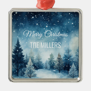 Dreamy snowy watercolor winter landscape metal tree decoration