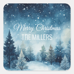Dreamy snowy watercolor winter landscape square sticker