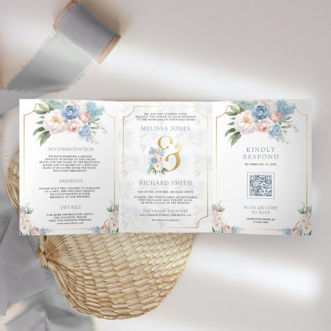 Dreamy Soft Blue Pink Floral All in One Wedding Tri-Fold Invitation (Creator Uploaded)