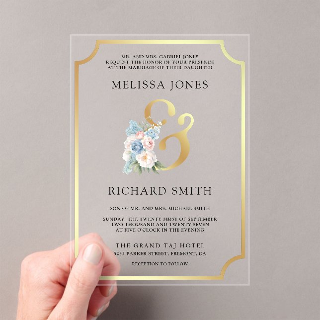 Dreamy Soft Blue Pink Floral Wedding Acrylic Invitations (Insitu (Handheld))