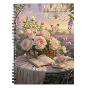 Dreamy, soft-focus scene of a lavish, Floral Notebook