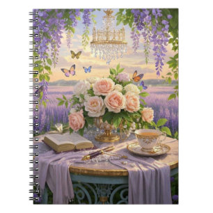 Dreamy, soft-focus scene of a lavish, Floral Notebook