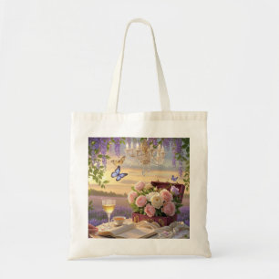 Dreamy, soft-focus scene of a lavish, Floral Tote Bag