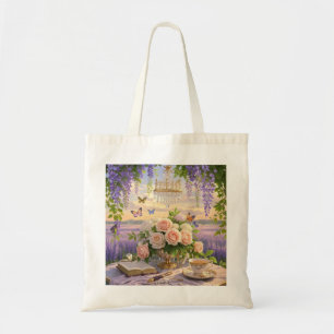 Dreamy, soft-focus scene of a lavish, Floral Tote Bag