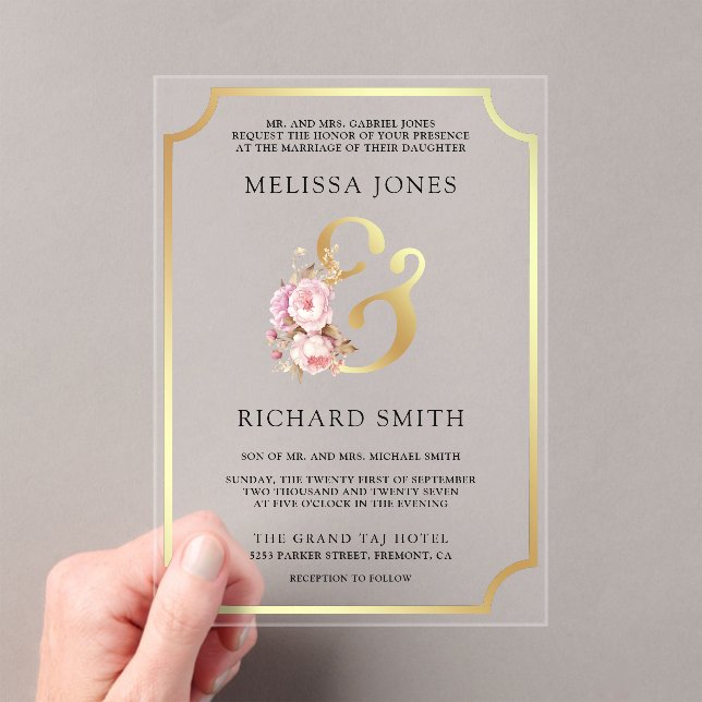 Dreamy Soft Pink Floral Gold Wedding Acrylic Invitations (Insitu (Handheld))