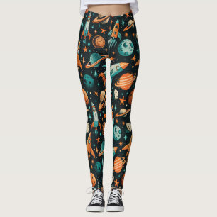 Dreamy Spacecore Planets Teal Orange Cosmic Leggings