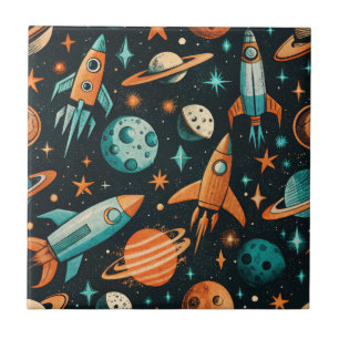 Dreamy Spacecore Planets Teal Orange Cosmic Tile
