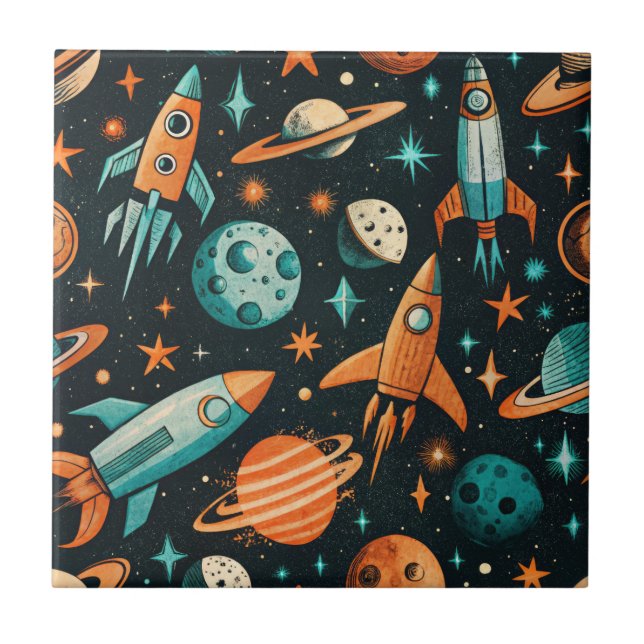 Dreamy Spacecore Planets Teal Orange Cosmic Tile (Front)