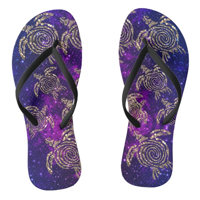 Dreamy Spiral Gold Shimmery Sea Turtles Flip Flops (Footbed)