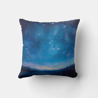 Dreamy Starry Night Sky over Forest Landscape Oil Cushion