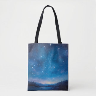 Dreamy Starry Night Sky over Forest Landscape Oil Tote Bag