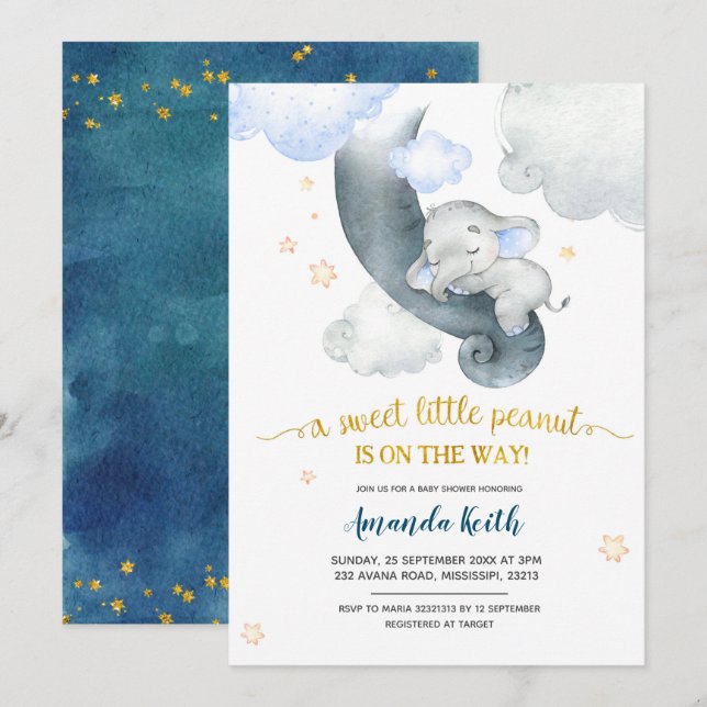 Dreamy Stars Blue Elephant Baby Shower Invitation (Front/Back)