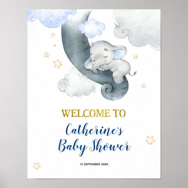 Dreamy Stars Elephant Boy Baby Shower Welcome Sign (Front)
