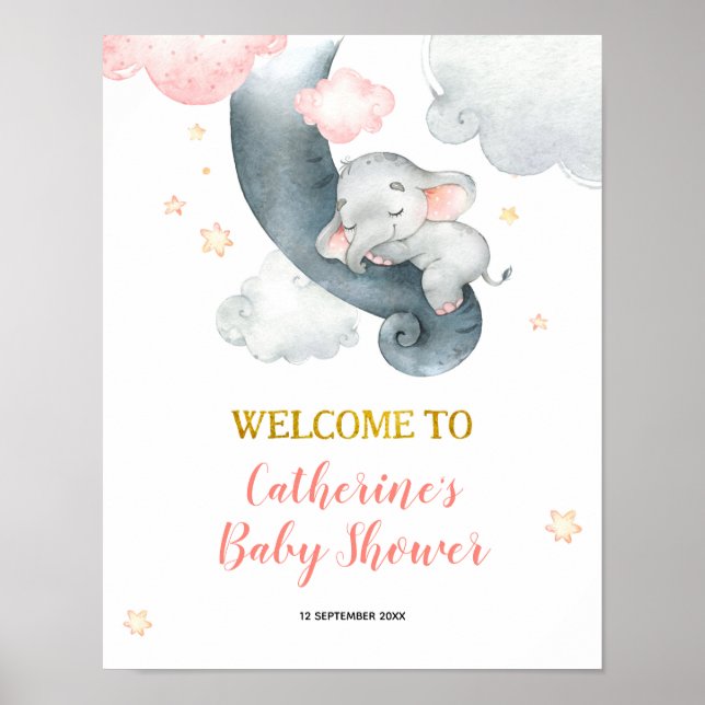 Dreamy Stars Elephant Girl Baby Shower Poster (Front)