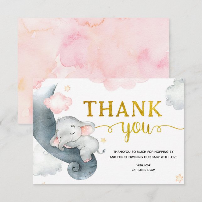 Dreamy Stars Elephant Girl Thank You Card (Front/Back)