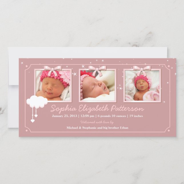Dreamy Stars Three Photo Baby Birth Announcement (Front)
