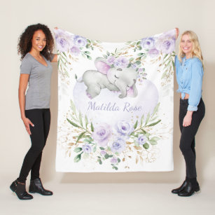 Dreamy Sweet Baby Elephant Girl Lavender Floral Fleece Blanket