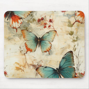 Dreamy Teal Butterfly Cottage Garden Floral Mouse Mat