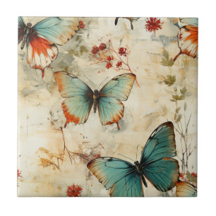 Dreamy Teal Butterfly Cottage Garden Floral Tile