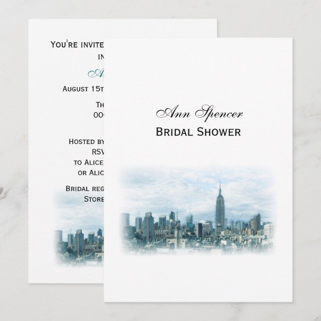 Dreamy Teal NYC Skyline Bridal Shower V Invitation (Front/Back)