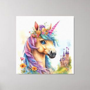 Dreamy Unicorn Watercolor with Castle and Flowers Canvas Print