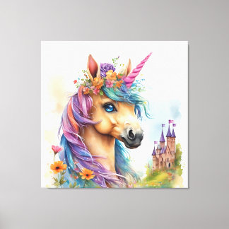 Dreamy Unicorn Watercolor with Castle and Flowers Canvas Print