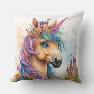 Dreamy Unicorn Watercolor with Castle and Flowers Cushion